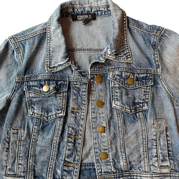 F21 Denim Half Jacket Size Large Distressed Jean Wash y2k 2000s Normcore - Picture 2 of 5